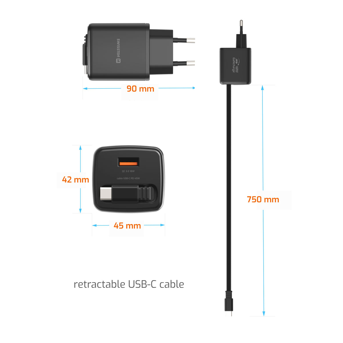 Swissten SlideCharge Travel Charger (45W) - 22071340 - Black