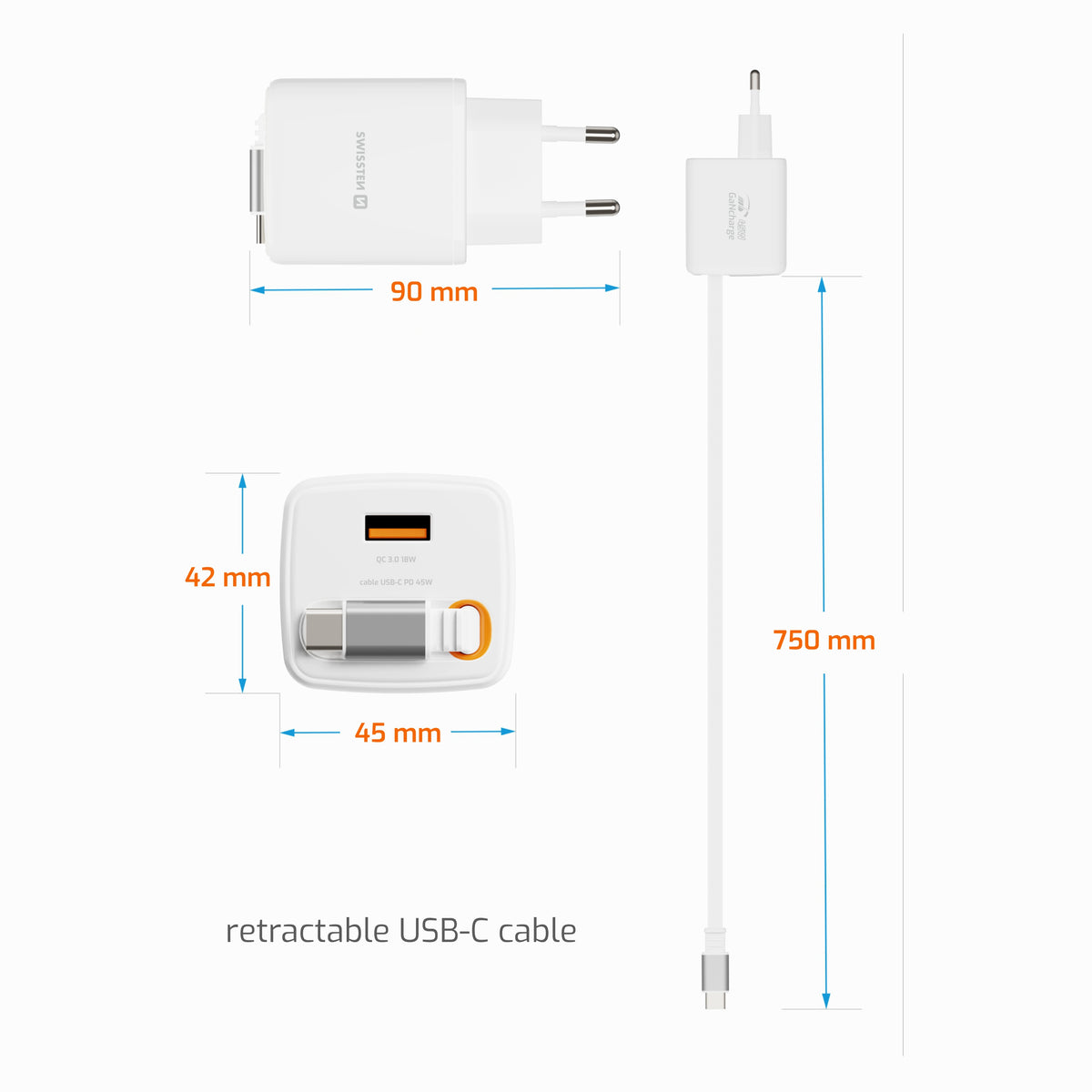 Swissten SlideCharge Travel Charger (45W) - 22071350 - White