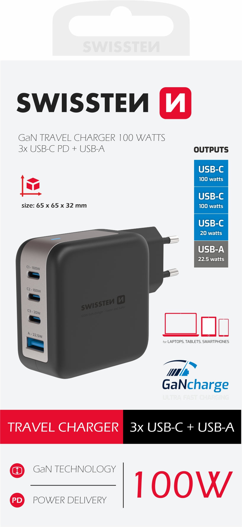 Swissten 100W GaN 3x USB-C + USB-A Travel Charger - 22071600 - Black-