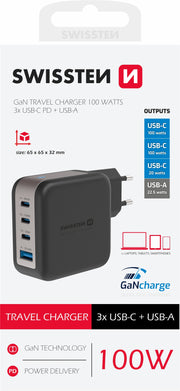 Swissten 100W GaN 3x USB-C + USB-A Travel Charger - 22071600 - Black-