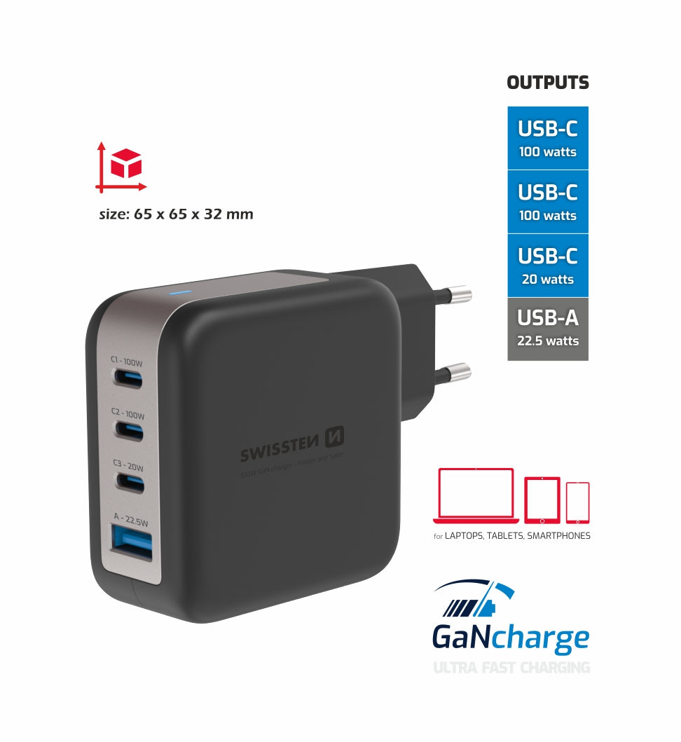 Swissten 100W GaN 3x USB-C + USB-A Travel Charger - 22071600 - Black-