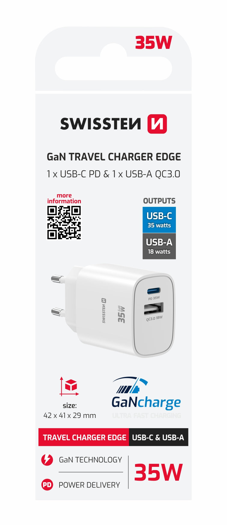 Swissten Edge USB-C + USB-A Travel Charger 35W GaN – Wit – 22071717