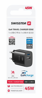 Swissten Edge USB-C + USB-A Travel Charger (45W) - 22071719 - Black