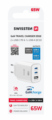 Swissten Edge Dual USB-C + USB-A Travel Charger (65W) - 22071720 - White
