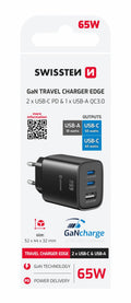 Swissten Edge Dual USB-C + USB-A Travel Charger 65W GaN – Zwart – 22071721