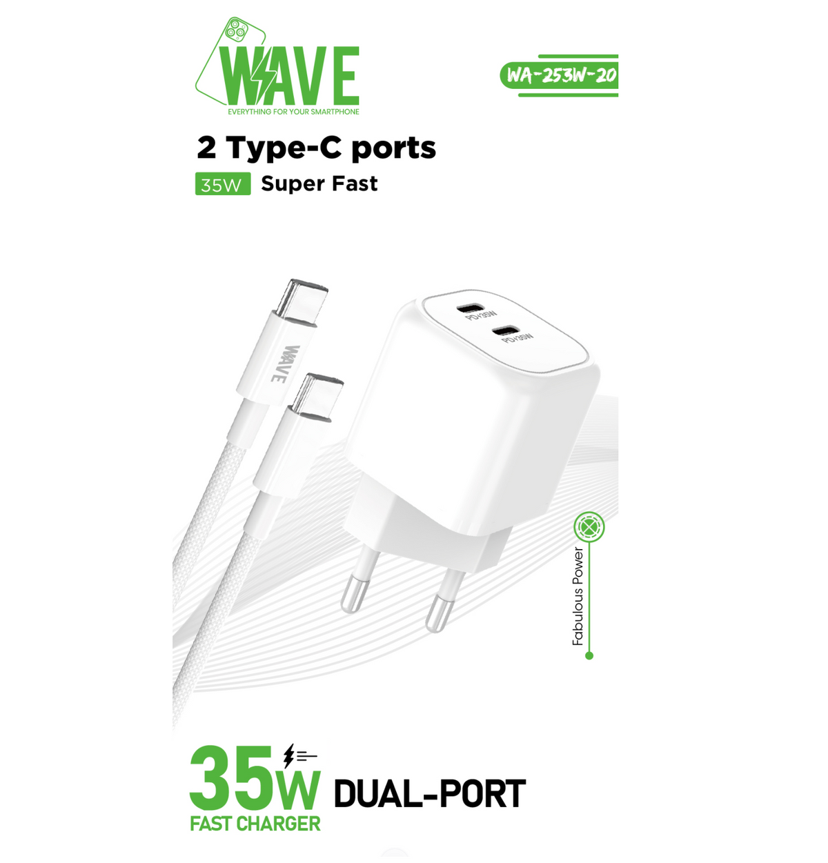 Wave WA-253-20 Quick Travel Charger 35W 2Port Type-C + C Cable (wit)