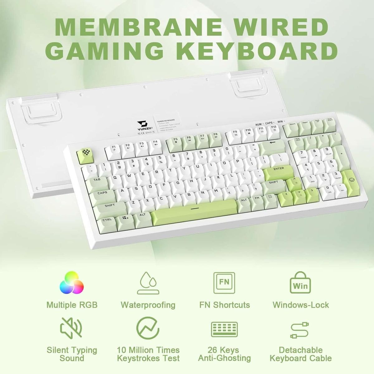 BT-09 PC gaming toetsenbord 2-in-1 draadloos en USB-C bedraad, RGB-verlichting (wit/groen)