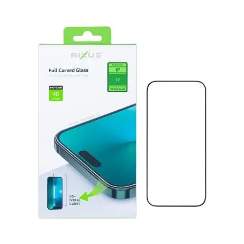 Rixus Clear HD screenprotector iPhone 17 verpakking met volle gebogen randen en hoge optische helderheid.