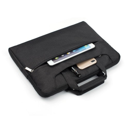 Zwarte laptop sleeve 11-12 inch met schouderband en extra vak voor tablet en smartphone.
