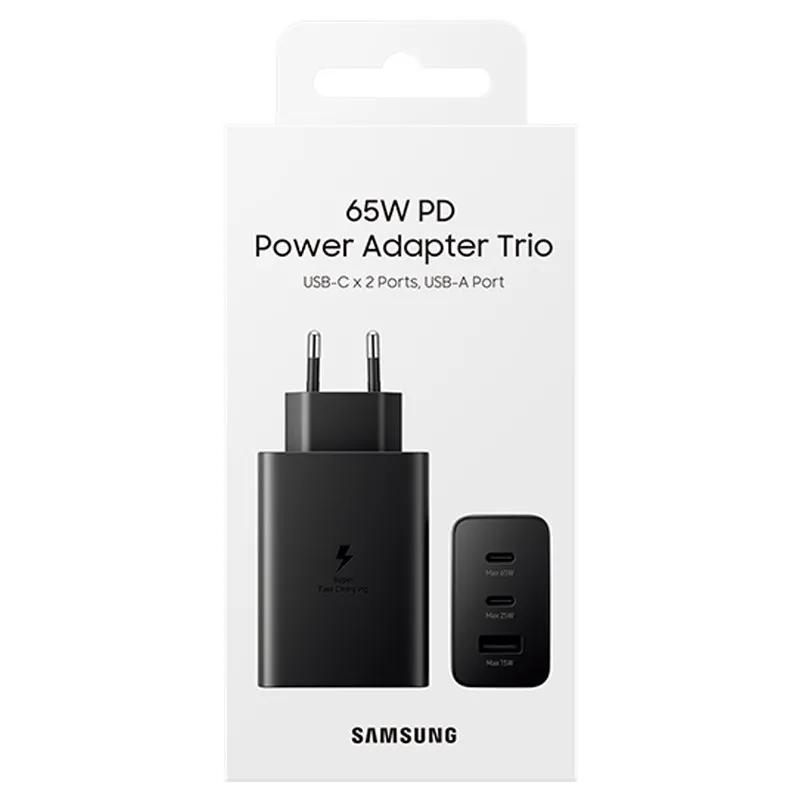 Samsung 65W PD Power Adapter Trio USB-C x2 USB-A x1 Retail with Packing (zwart)