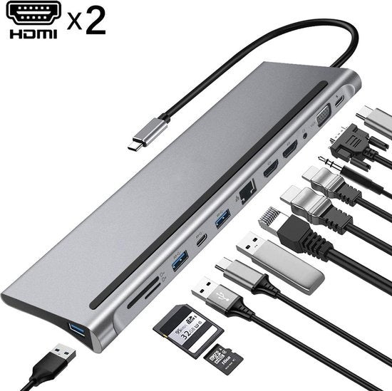 Wave WA-148 12-in-1 USB C Docking Station met Dual HDMI - USB 3.0 Hub - 3,5mm Jack - 1000MB