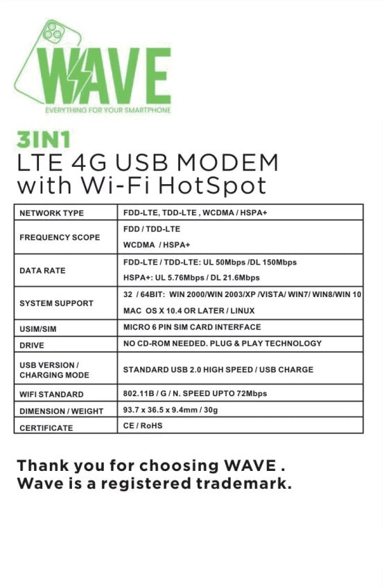 Wave WA-189 LTE 4G USB Modem With Wi-Fi hotspot