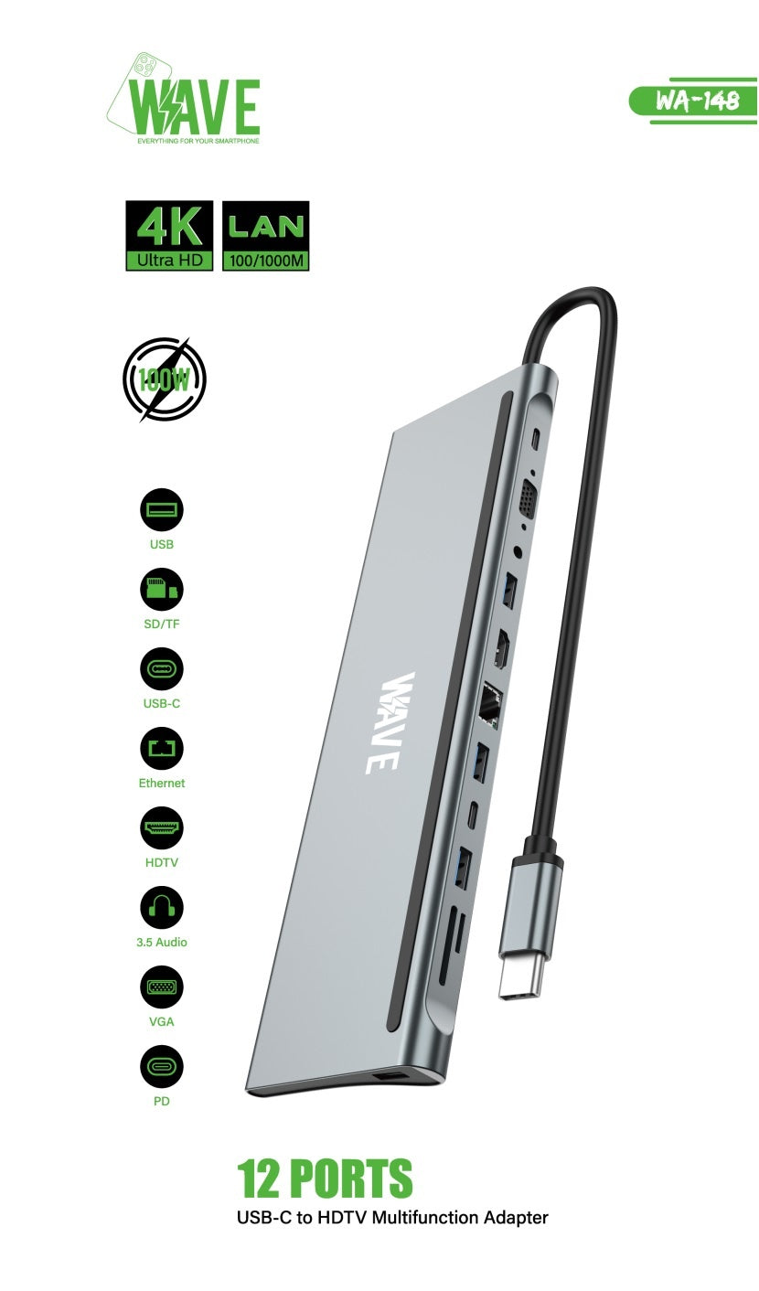 Wave WA-148 12-in-1 USB C Docking Station met Dual HDMI - USB 3.0 Hub - 3,5mm Jack - 1000MB