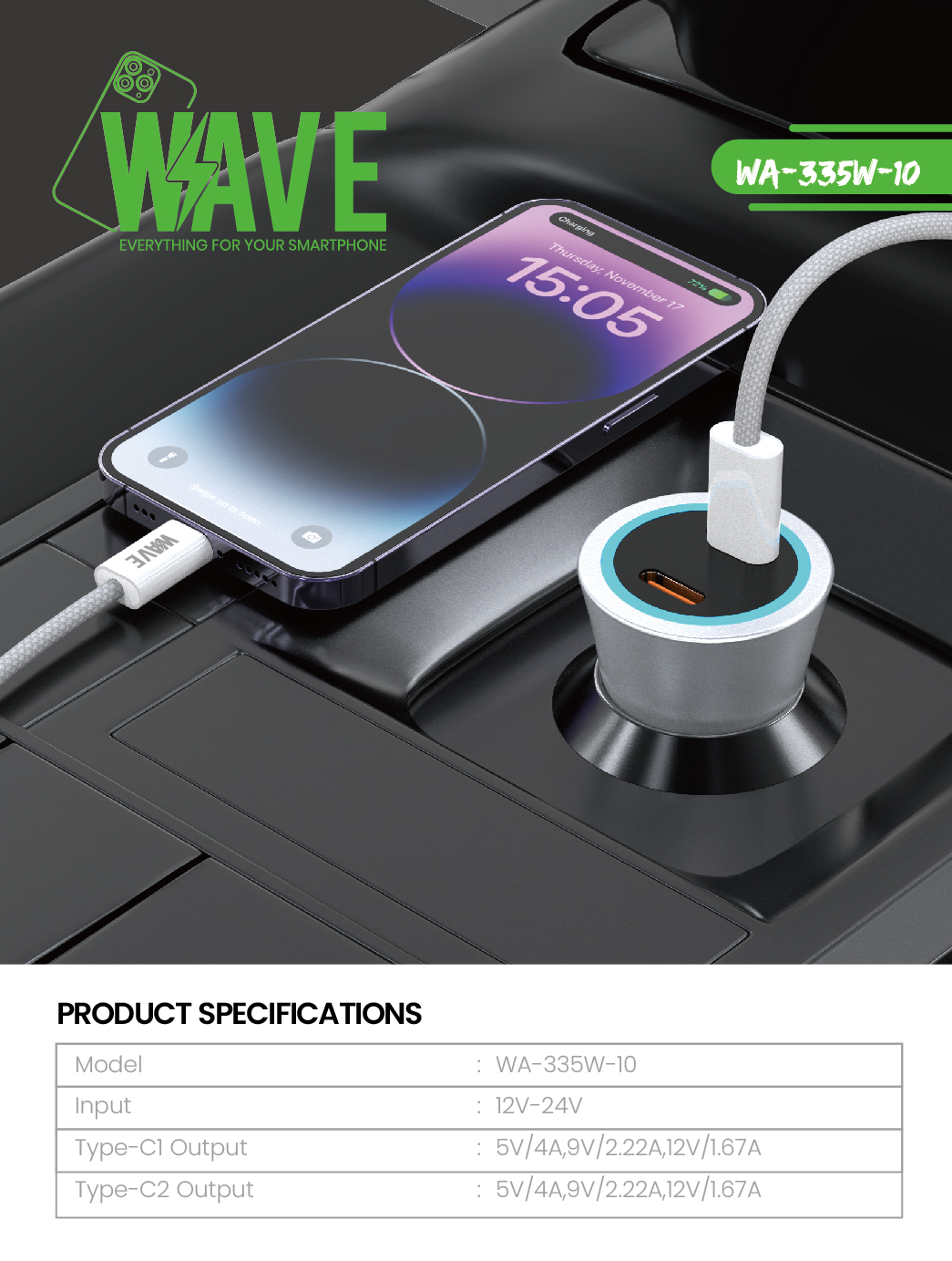 Wave WA-335W-10 Fast Car Charger Dual Type-C Port 40W With PD Cable (wit)