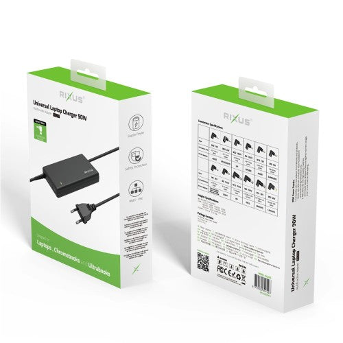 Rixus RXLC09 universele laptop oplader 90W zwart verpakking met specificaties en aansluitingen.