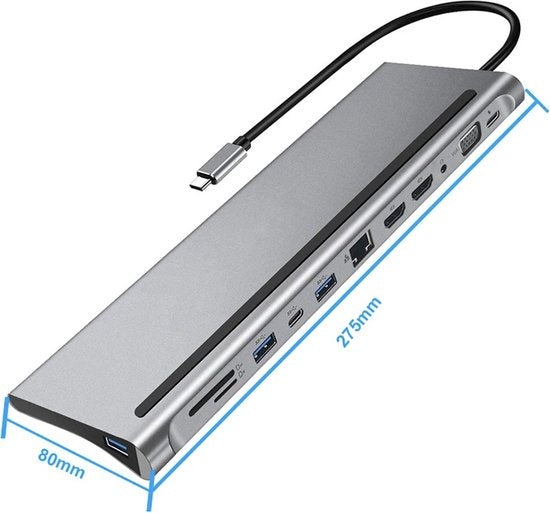 Wave WA-148 12-in-1 USB C Docking Station met Dual HDMI - USB 3.0 Hub - 3,5mm Jack - 1000MB