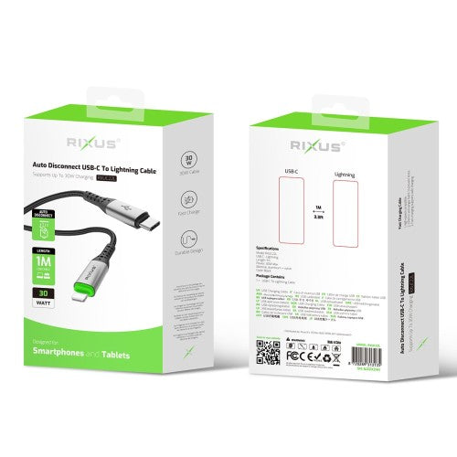 Rixus RXUC22L Auto Disconnect USB-C naar Lightning kabel 1m zwart – kabeldetail
