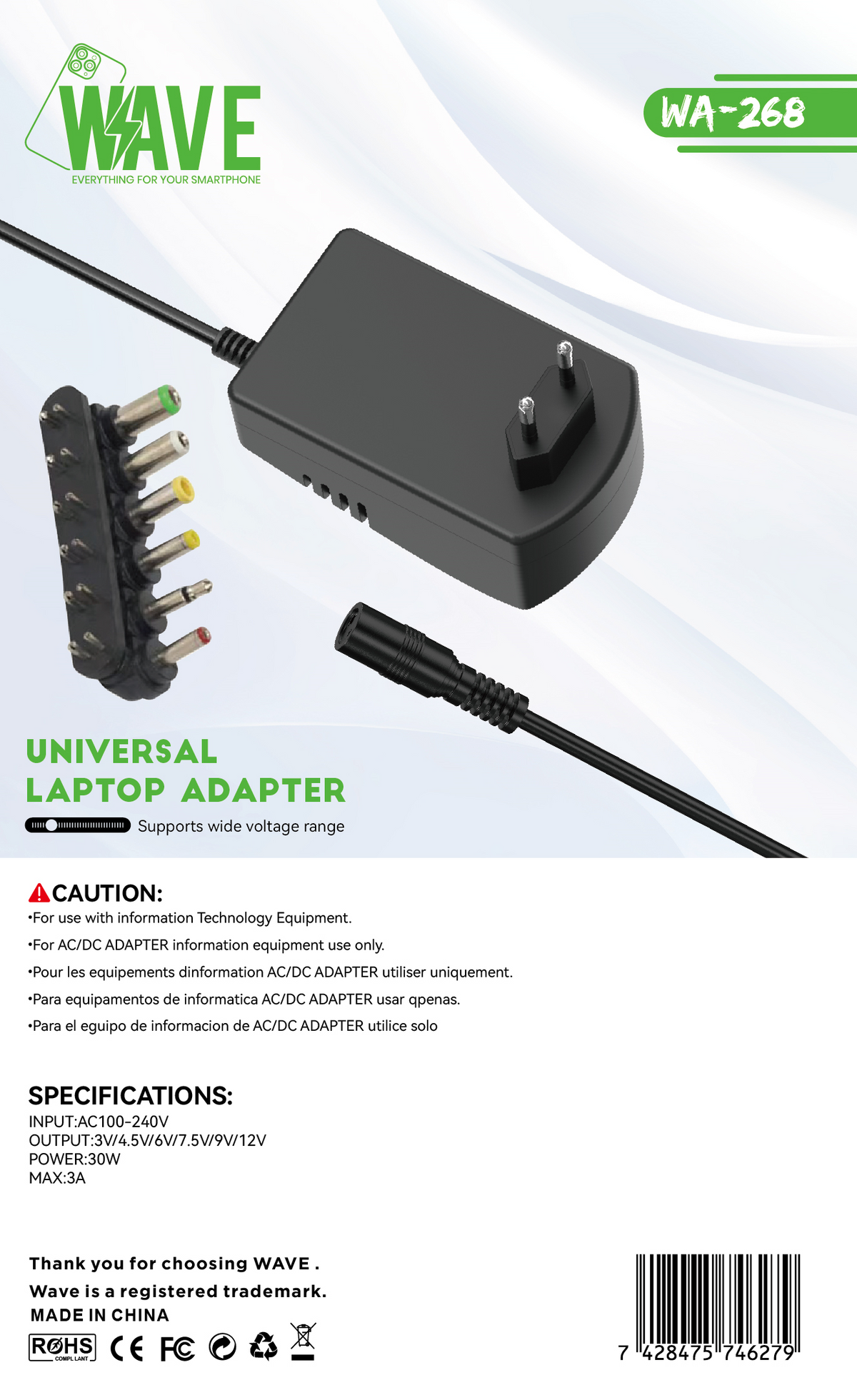 Wave WA-268 Universal AC Adapter 30W Max