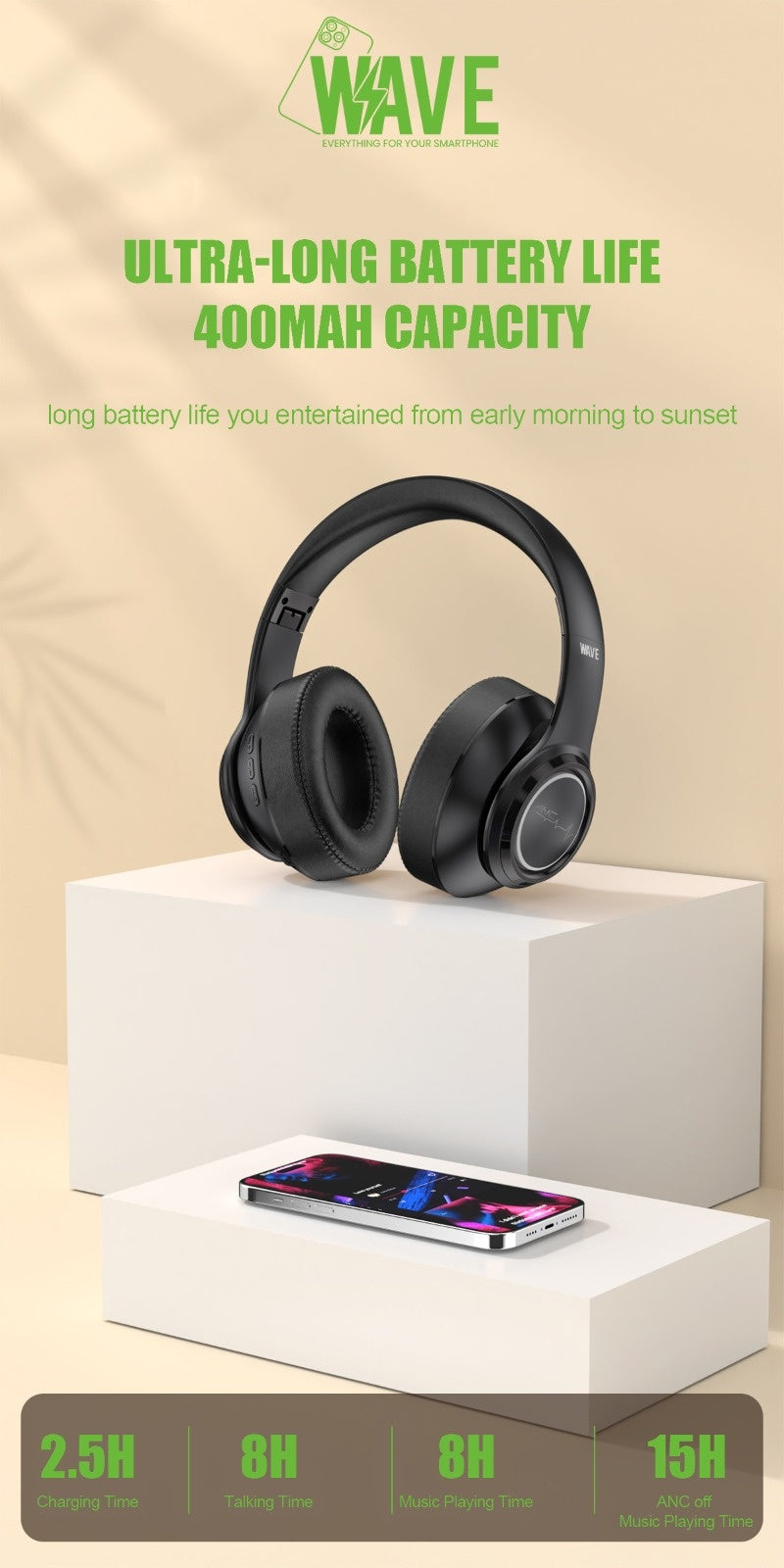Wave WA-176 Noise Reducttion ANC Wireless Headset (zwart)