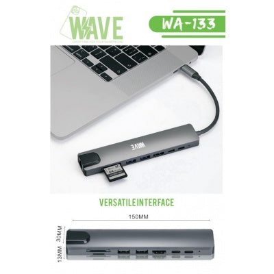 Wave WA-133 Smart Docking Station Type-C 8-in-1 USB-C Hub met 4K HDMI, PD 100W, USB 3.0, SD/TF & Gigabit Ethernet