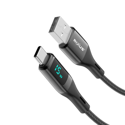 Rixus RXUC28AC USB-A naar USB-C nylon kabel met LED display 1m zwart – kabeldetail