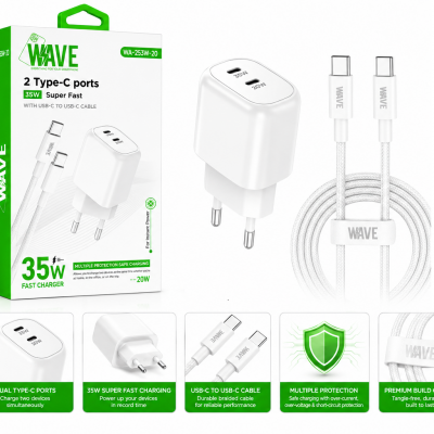 Wave WA-253-20 Quick Travel Charger 35W 2Port Type-C + C Cable (wit)