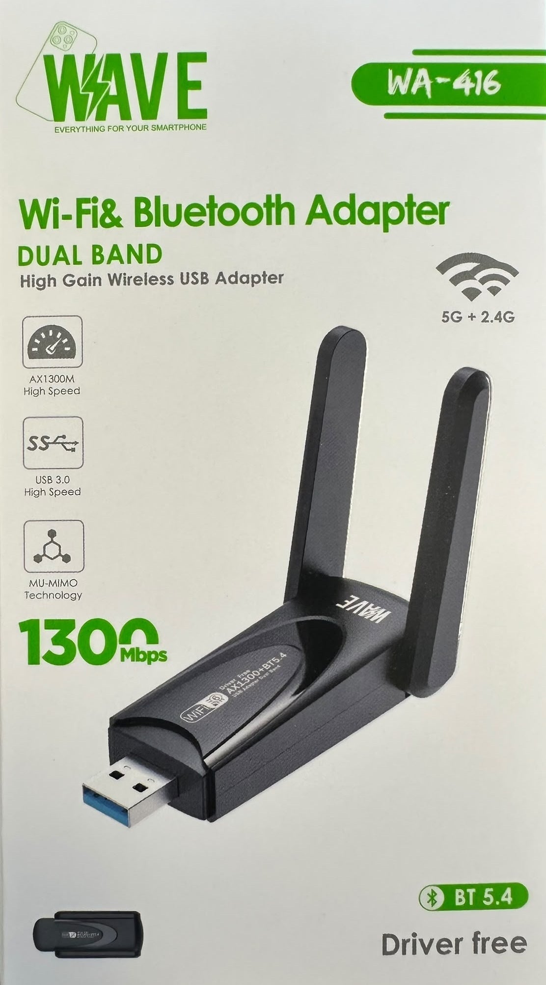 Wave WA-416 WiFi And Bluetooth Adapter + Free Driver (1300 MBPS | BT5.4 | 5G+ 2.4G)