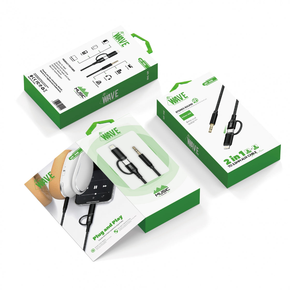 Wave WA-348 2in1 Lightning + USB-C To 3.5 mm jack Cable (zwart)