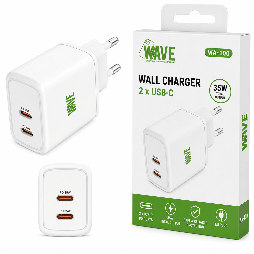 Wave WA-100 Snellader 35W – 2x USB-C PD Wandlader – Wit