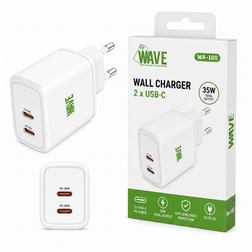 Wave WA-100 Snellader 35W – 2x USB-C PD Wandlader – Wit - Wave by Laad Centrum