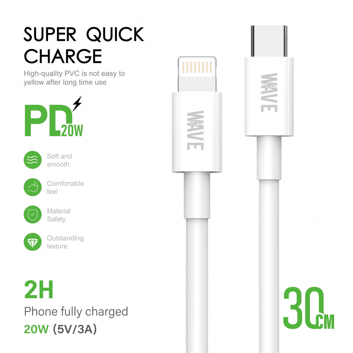 Wave WA-164 PD 20W USB-C To Lightning Cable 30 CM (wit)