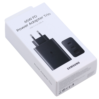 Samsung 65W PD Power Adapter Trio USB-C x2 USB-A x1 Retail with Packing (zwart)