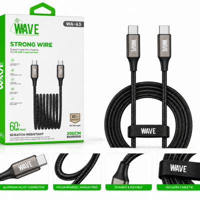 Wave WA-63 Super Fast Charging Type -C To Type-C 2M (60 Wat) (zwart)