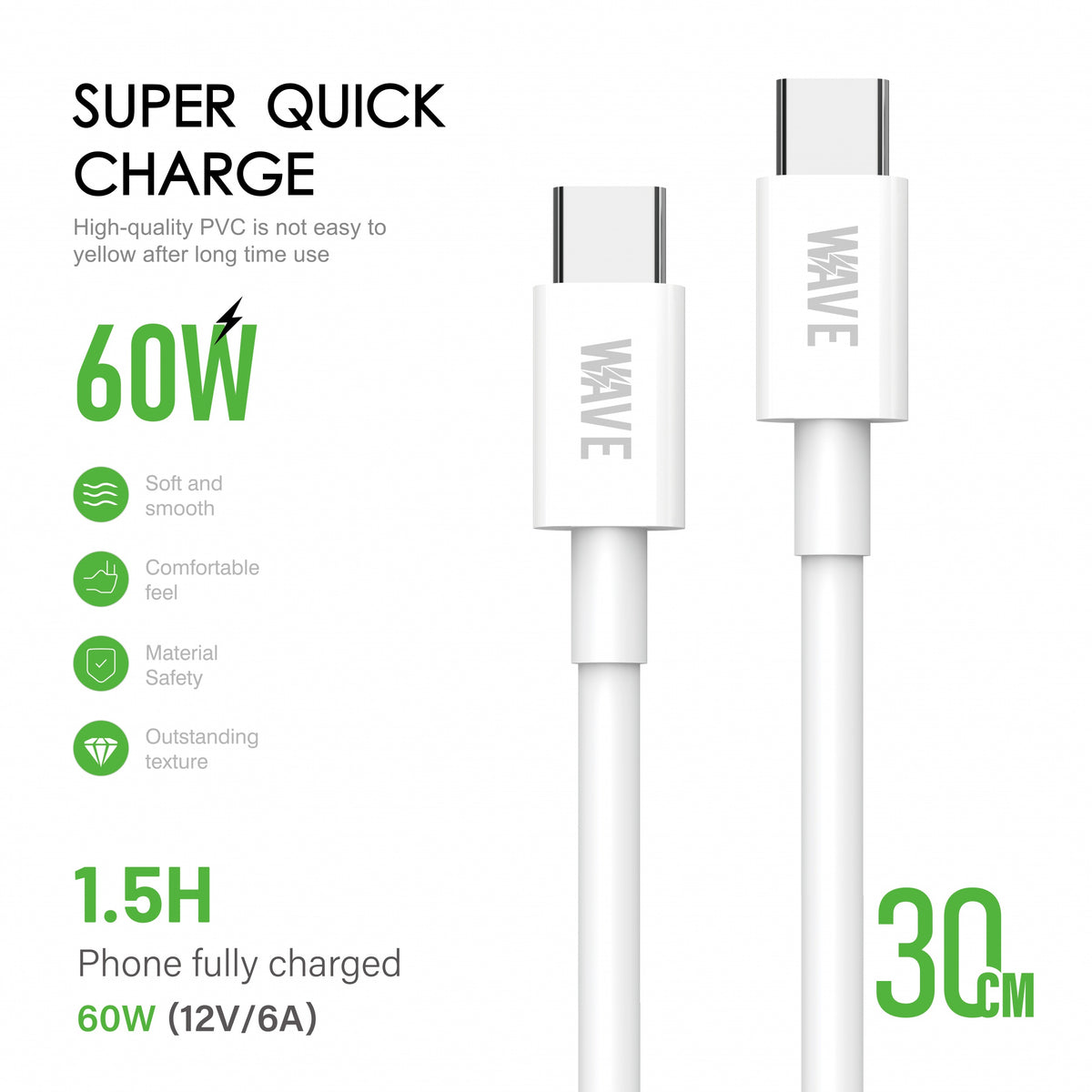 Wave WA-165 Super Quick Charger Type-C to Type-C Cable (60 Wat) 30 CM (wit)