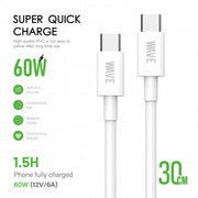 Wave WA-165 Super Quick Charger Type-C to Type-C Cable (60 Wat) 30 CM (wit)