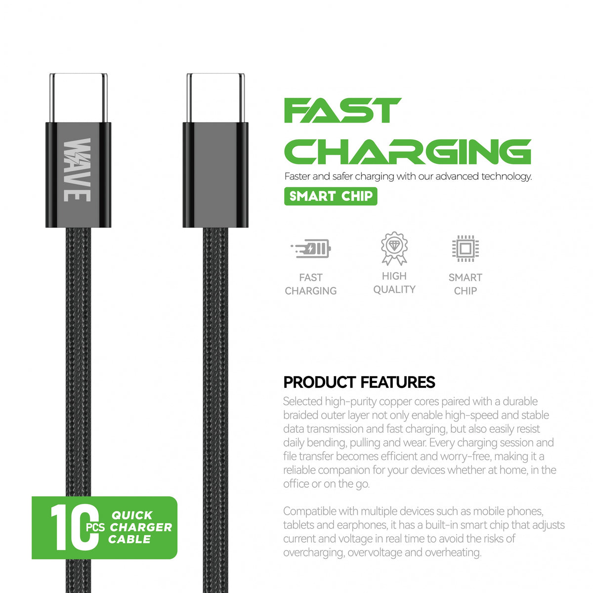 Wave WA-355 Type-C to Type-C Cable 1M Fast Charging (60 Wat) (Black)