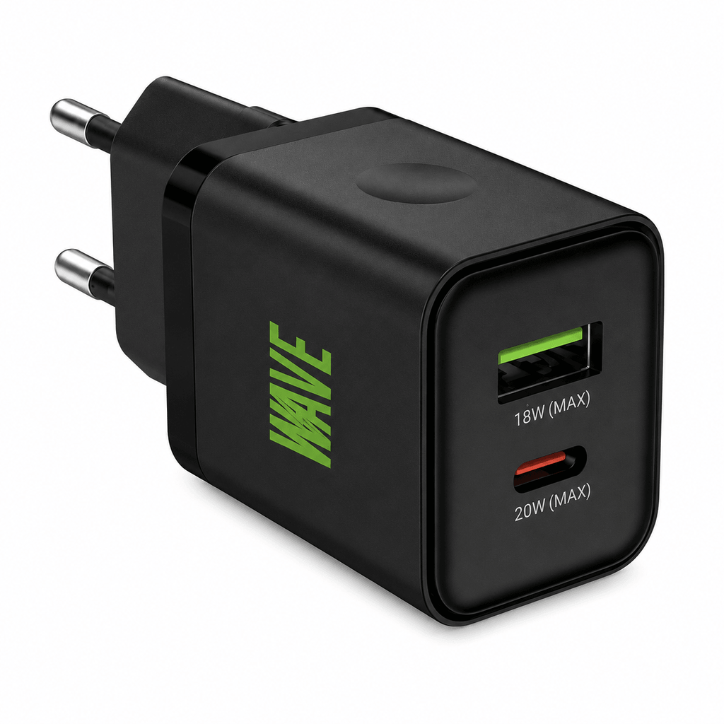 Wave WA-101 Snellader 20W – USB-C PD + USB-A QC 3.0 Wandlader – Zwart