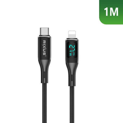 Rixus RXUC28L USB-C naar Lightning kabel met LED display, 1 meter lange zwarte gevlochten kabel.