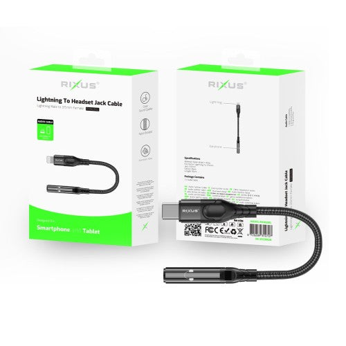 Rixus RXMU36L Lightning naar 3,5mm audio-adapter met een lengte van 10 cm voor audioapparatuur.