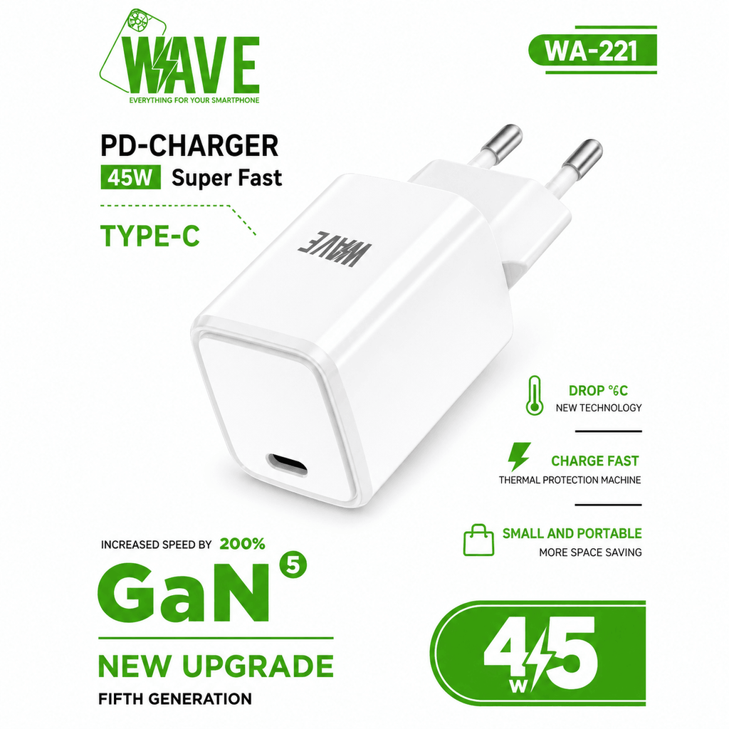 Wave WA-221 PD Charger 45W GaN Super Fast Charger USB-C – Wit