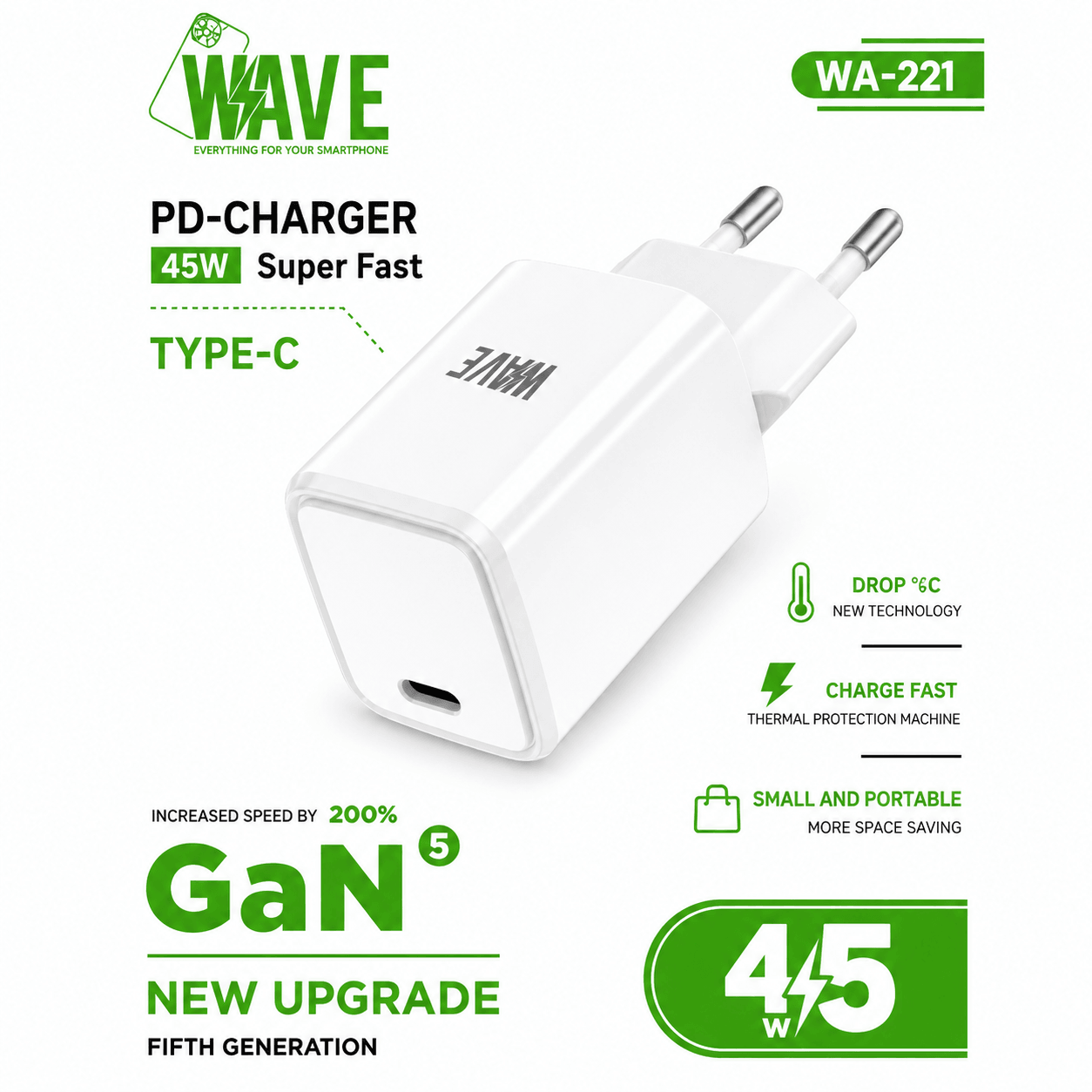 Wave WA-221 PD Charger 45W GaN Super Fast Charger USB-C – Wit