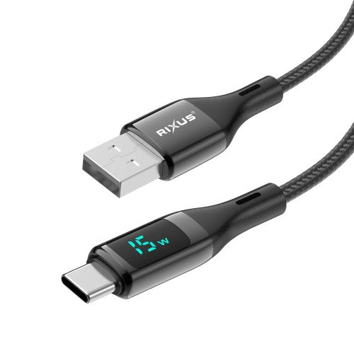 Rixus RXUC28AC USB-A naar USB-C nylon kabel met LED display 1m zwart – aansluitingen