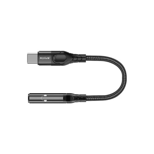 Rixus RXMU36L Lightning naar 3,5mm audio-adapter van 10 cm, zwart, met vrouwelijke 3,5mm audio-aansluiting.