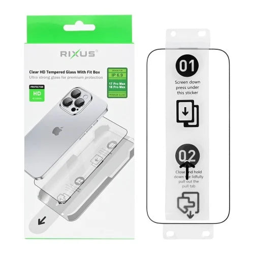 Rixus Clear HD Tempered Glass With Fit Box For Apple iPhone 17 Pro Max, 18 Pro Max