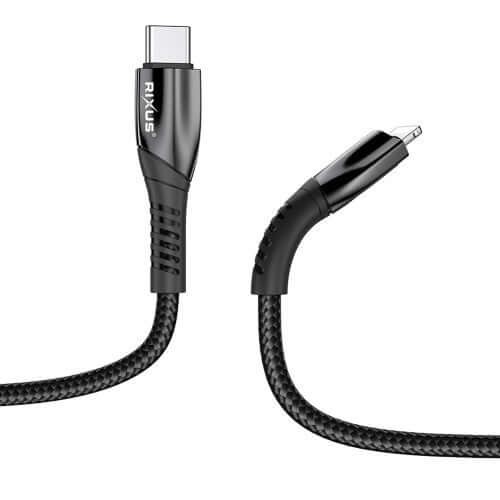 USB-C naar Lightning datakabel met metalen afwerking, Rixus RXUC30L, geschikt voor opladen en synchroniseren.