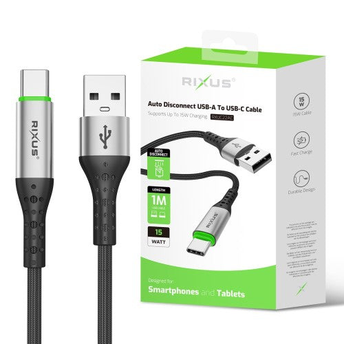Rixus RXUC22AC Auto Disconnect USB-A naar USB-C kabel 1m zwart – productoverzicht