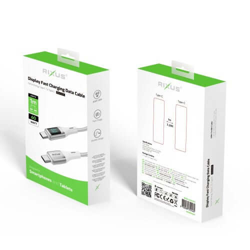Rixus RXUC29C Braided USB-C To USB-C Cable With LED Display White