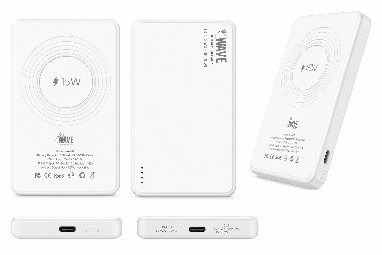 Wave WA-347 MagSafe Powerbank 5000mAh – 15W Draadloos Oplade n en – & USB-CSnelladWit