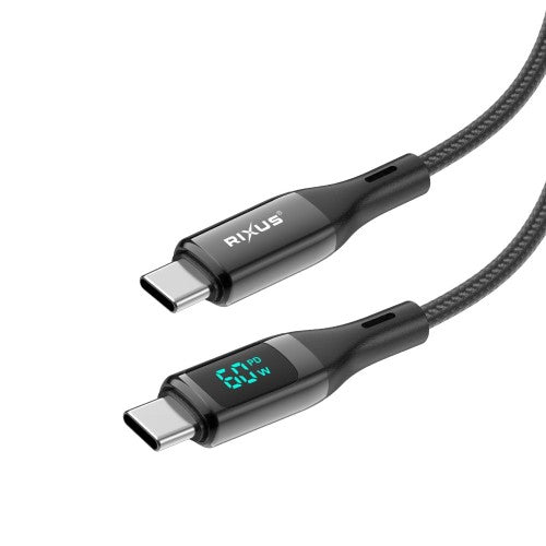 Rixus RXUC28C USB-C nylon kabel met LED-display van 1 meter en snelladen tot 60W in zwart