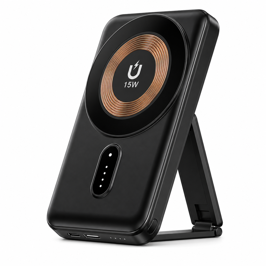 Wave WA-198 MagSafe Powerbank 5000mAh – 2.1A Snelladen met Opvouwbare Standaard – Zwart